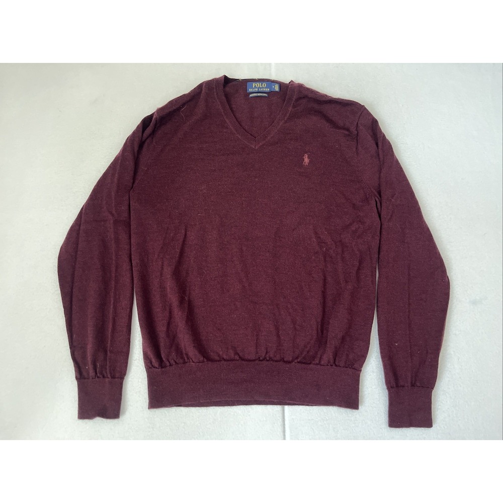 Polo Ralph Lauren Sweater Mens Medium Washable Merino Wool V-Neck Burgundy